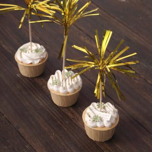 100-Pack Bamboo Skewers 9", Gold Firework Festive Foil Frills Cupcake Toppers