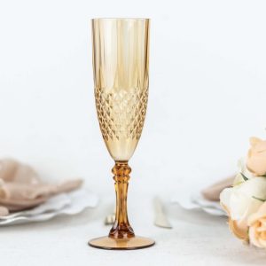 6-Pack Transparent Plastic Champagne Glasses 8oz, Crystal Cut Style Amber Gold