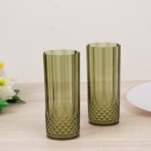 6-Pack Transparent Plastic Highball Drink Glasses 14oz, Crystal Cut Style Dusty Sage Green